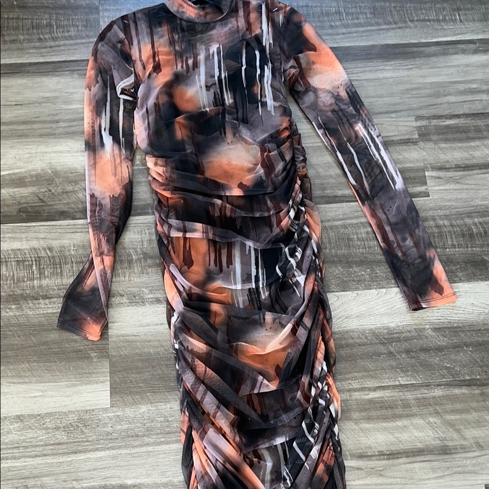 Fashion Nova Black and Orange Bodycon Long Sleeve Dress